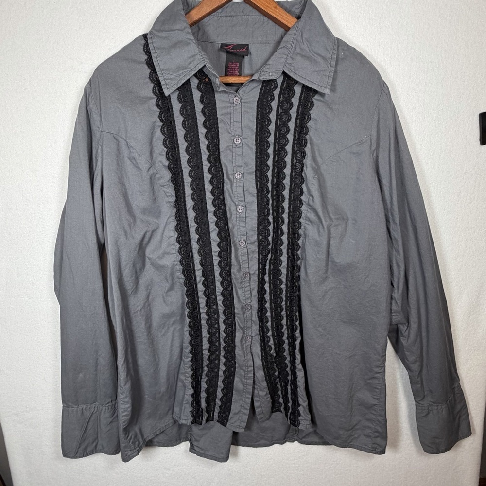 Gray Collared Torrid Black Lace Trim Lightweight Button-Up Shirt Women Size 1